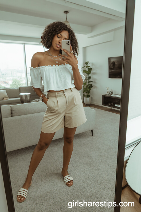 Off-Shoulder Ruffle Top with Tailored Midi Shorts