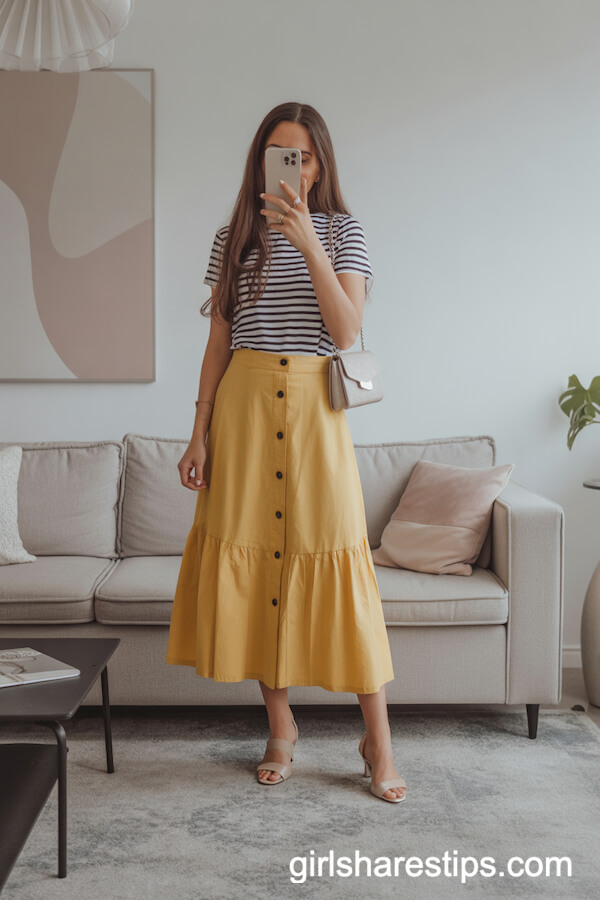 Yellow Button-Front Midi Skirt with Striped Tee