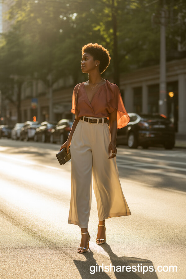 High-Waisted Cream Palazzo Pants with Flowing Burnt Orange Blouse