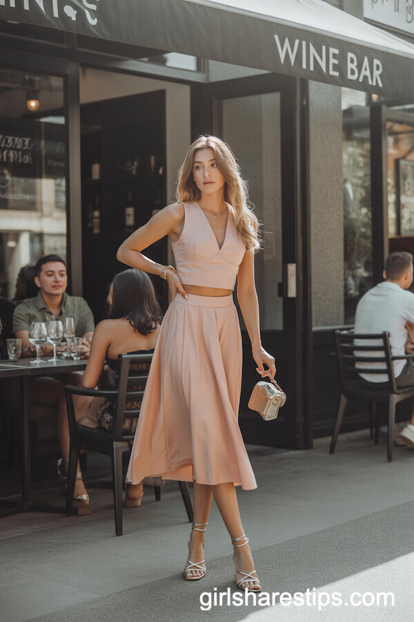 Coordinated Light Coral Two-Piece Set with Strappy Heels
