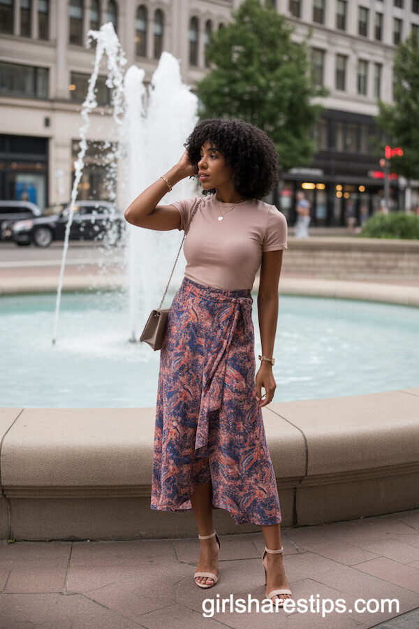 Bright Patterned Wrap Maxi Skirt with Solid Color Fitted Tee