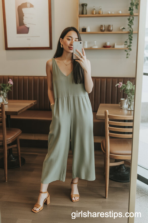 Sage Green Sleeveless Jumpsuit with Tan Heeled Sandals