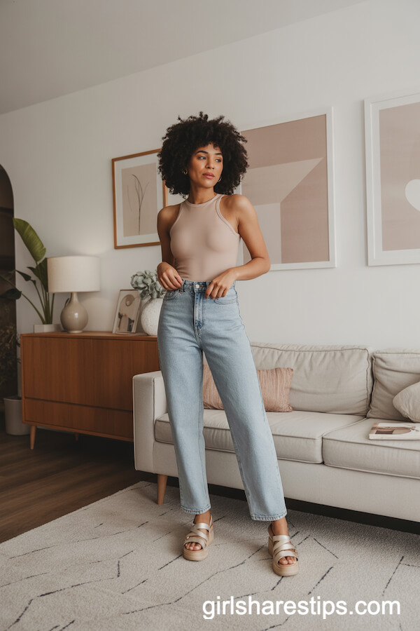 Trendy High-Waisted Jeans with Fitted Nude Bodysuit