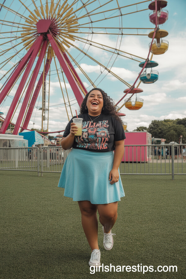 Flared Skirt with Bold Graphic Tee and Canvas Sneakers