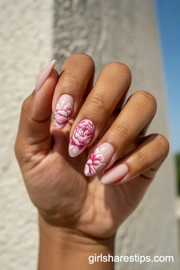 Pink and White Peony Floral Nails on Almond Shape