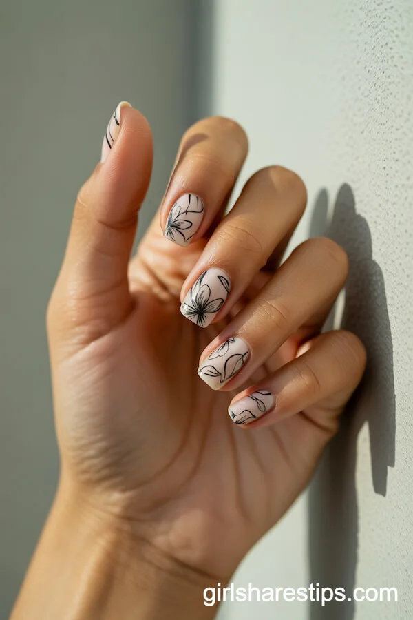 Monochrome Black and White Modern Floral Squaletto Nails