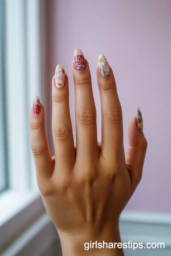 Vintage Peony, Rose, and Daisy Mix on Almond Nails