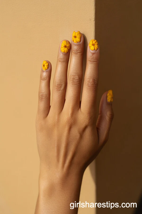 Sunny Yellow Marigold Floral Short Rounded Nails