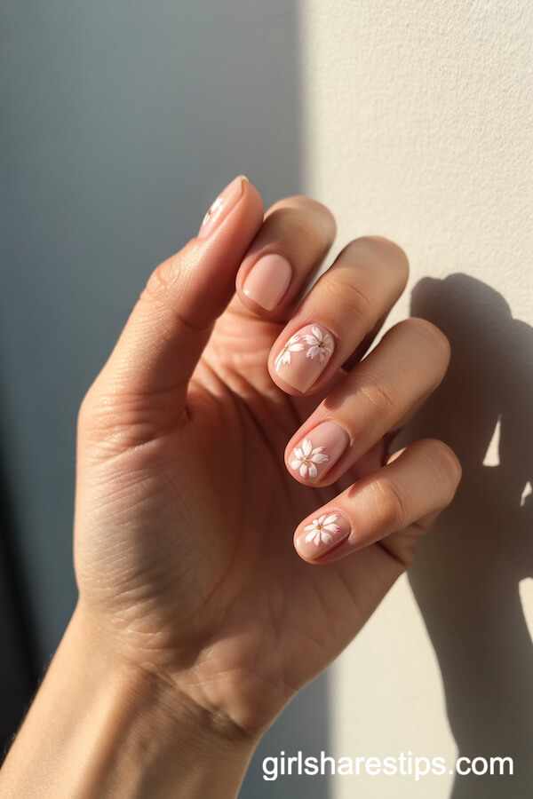 Cherry Blossom Floral Art on Short Square Nails