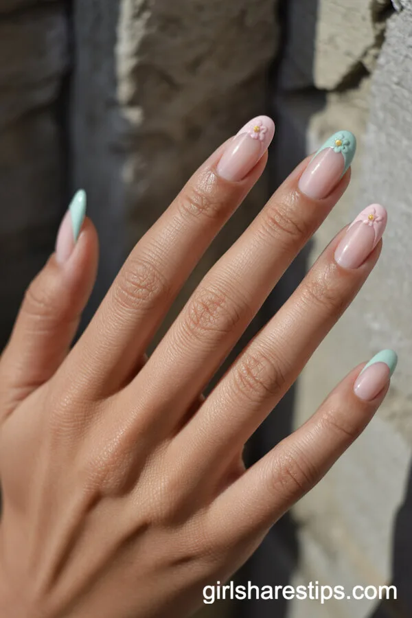 Pastel French Manicure with Mini Florals on Oval Nails