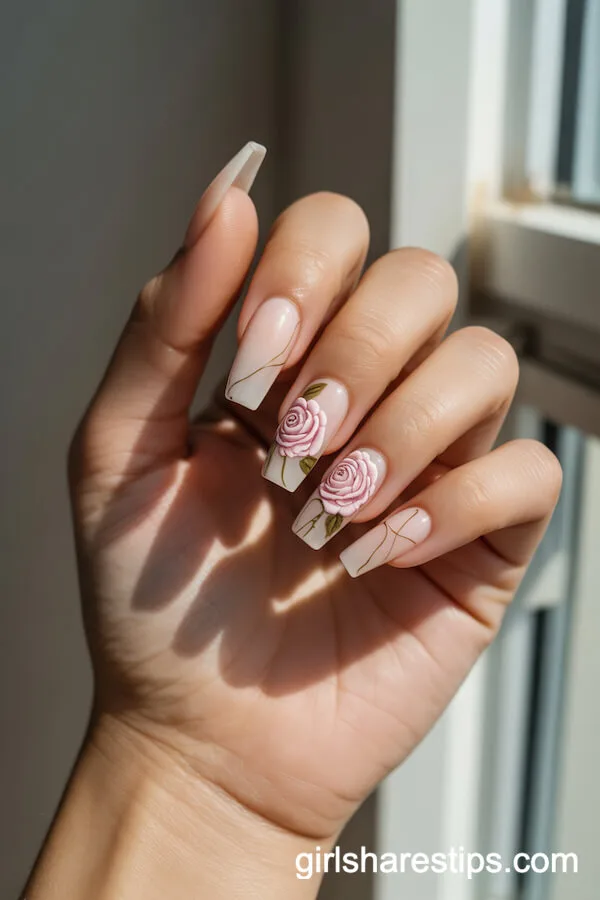 Vintage Garden Rose Embroidery Coffin Nails