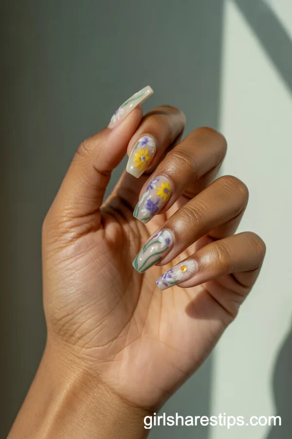 Wildflower Field Patterns on Coffin-Shaped Nails