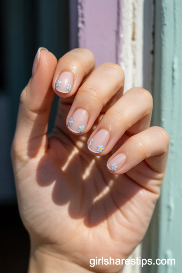 Delicate Blue Forget-Me-Not Florals on Short Round Nails