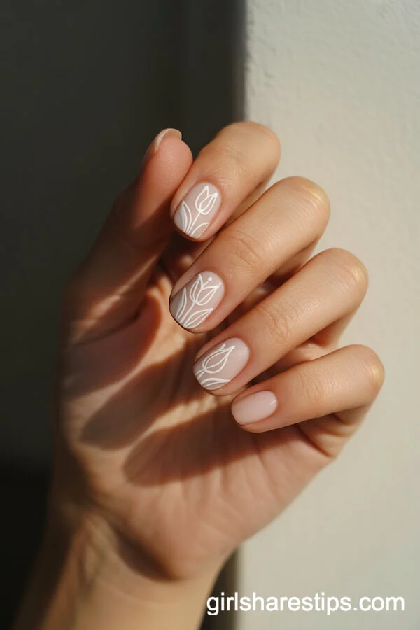 Minimalist White Tulip Line Art on Squoval Nails