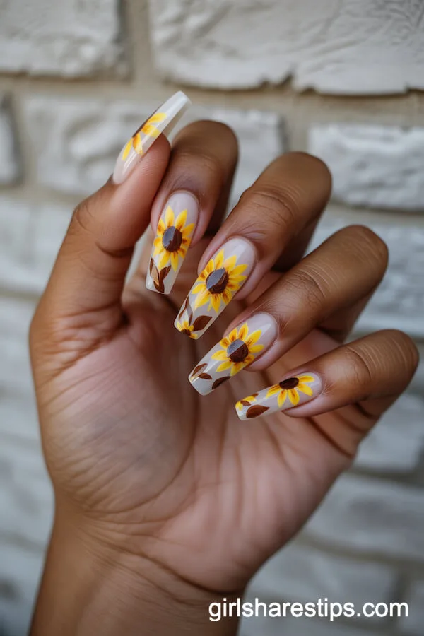 Sunflower Coffin Nails in Yellow and Brown Tones
