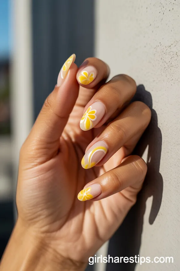 Citrus Blossom Floral Swirl Almond Nails
