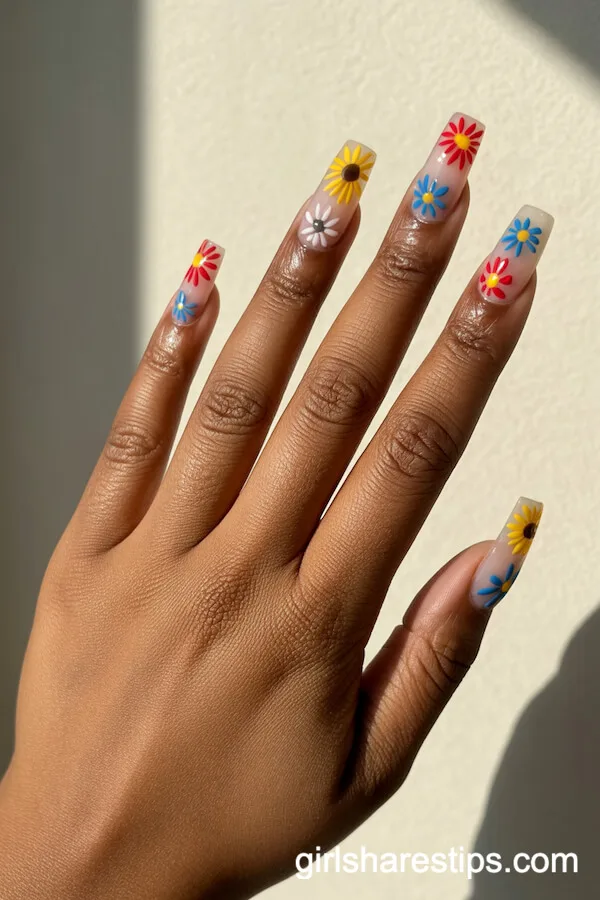 Colorful Boho Floral Motifs on Tapered Square Nails