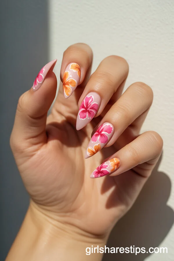 Vibrant Hibiscus Florals on Stiletto Nails