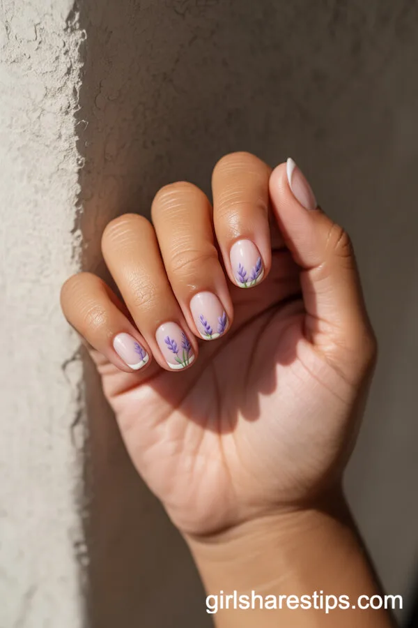 French Lavender Florals on Short Round Nails