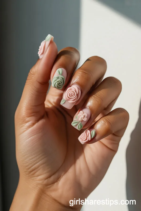 Pastel 3D Rose Embossed Ballerina Nails
