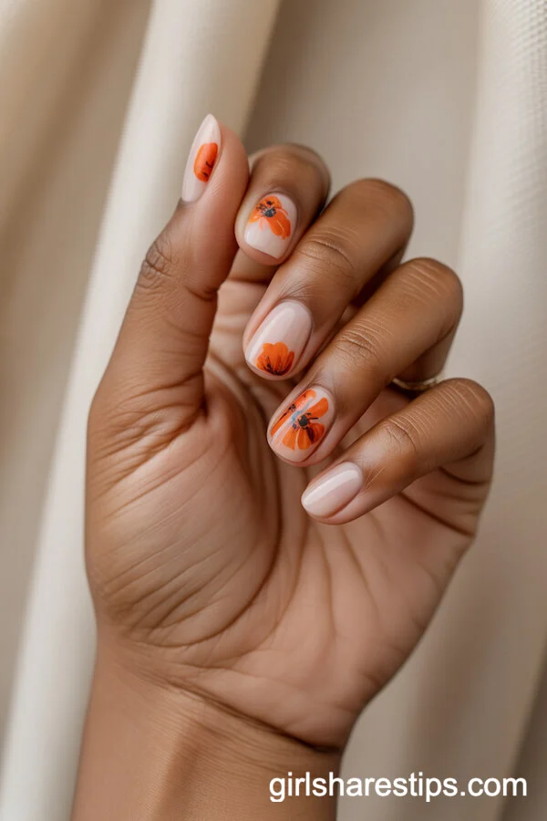 Abstract Orange Poppy Flower Art on Short Ballerina Nails
