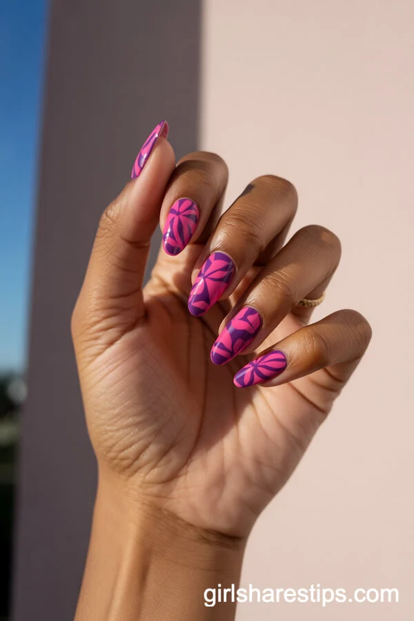 Bold Pink and Purple Floral Geometric Almond Nails
