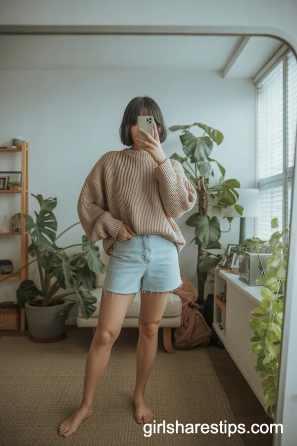Cozy at Home: Light Raw Hem Jean Shorts With Chunky Oversized Sweater