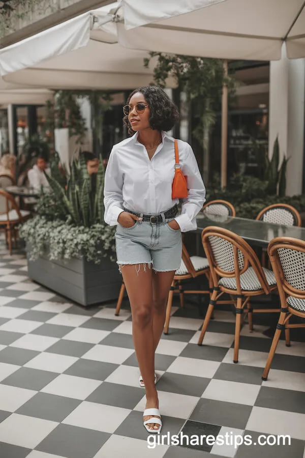 Effortless Monochrome: White Button-Up Shirt With Mom Jean Shorts