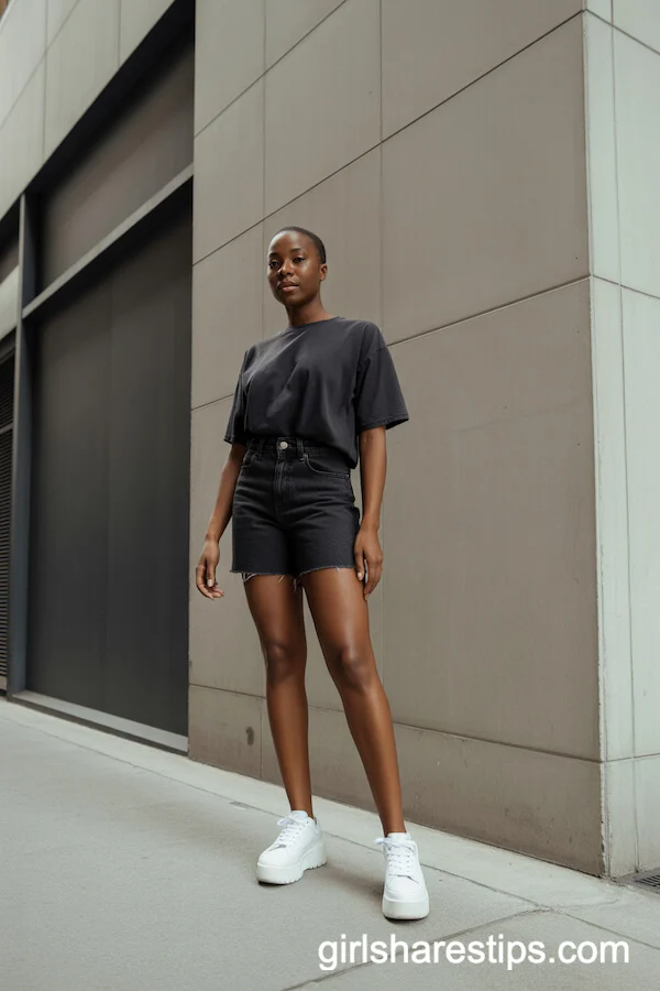Urban Minimalist: Sleek Black Jean Shorts and Loose-Fit T-Shirt
