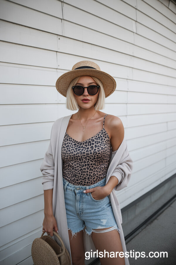 Sunkissed Glam: Leopard Camisole and Ripped Shorts With Cardigan and Straw Hat