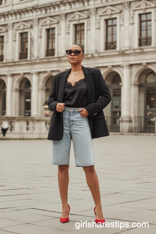 Bermuda Elegance: Oversized Black Blazer With Lace Camisole and Jean Shorts