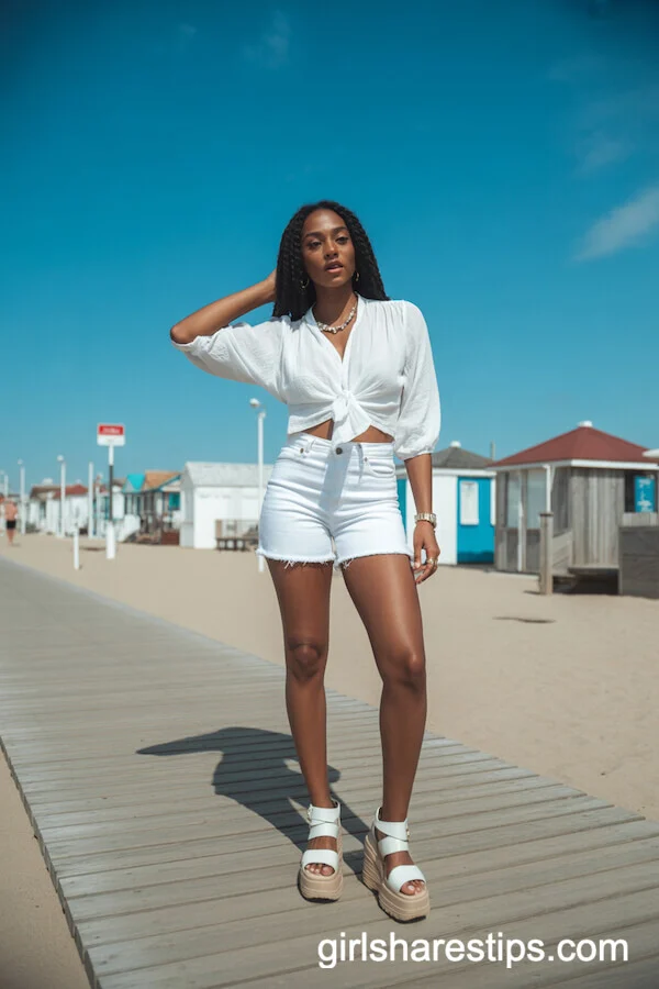 All-White Summer Chic: Fitted White Jean Shorts and Flowy Blouse