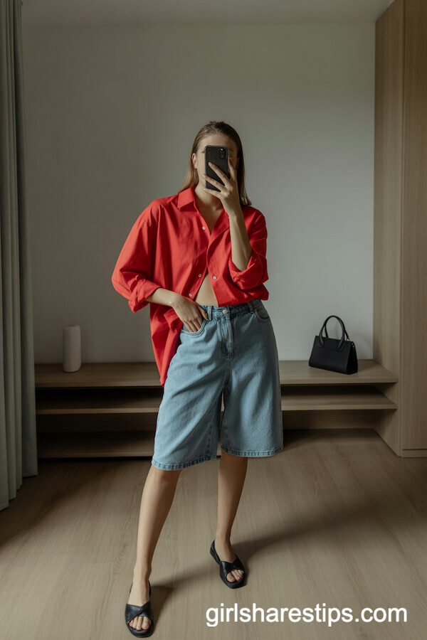 Bold & Bright: Red Oversized Button-Down With Loose Fit Light Blue Jean Shorts