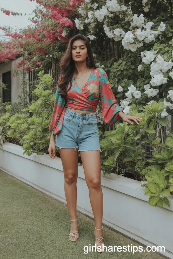 Floral Vibes: High-Waisted Jean Shorts With a Vibrant Wrap Blouse