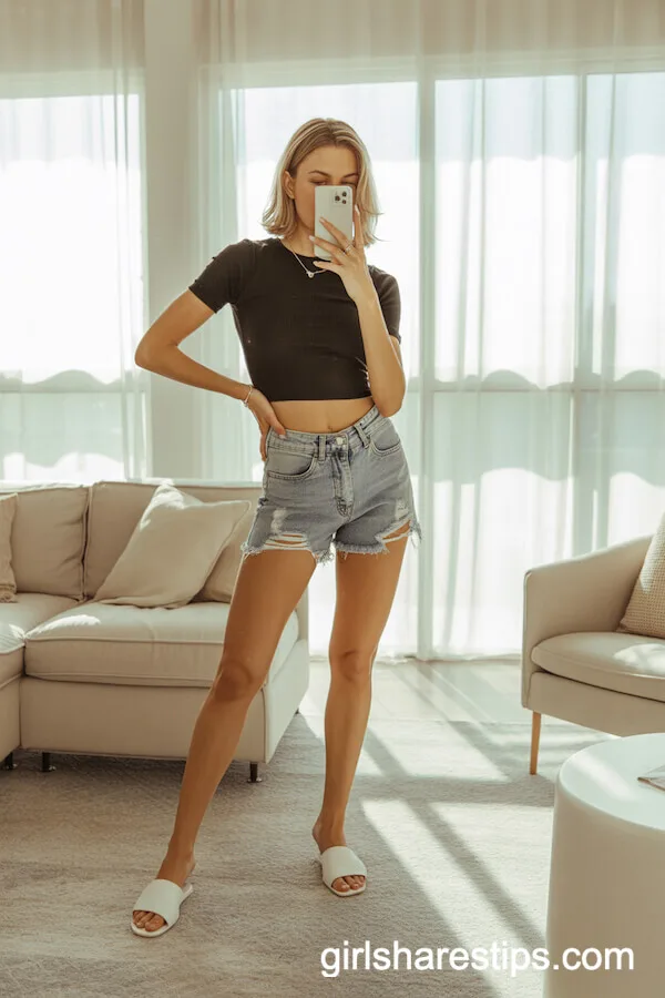 Modern Minimalism: Distressed High-Rise Shorts With Fitted Black Crop Top