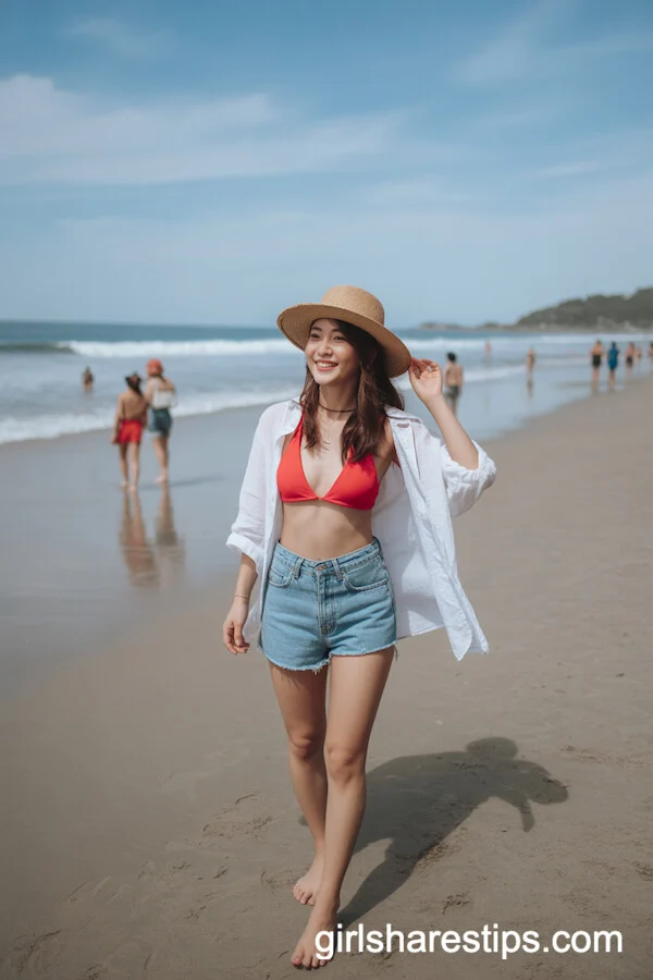 Beach-Ready: Blue Jean Shorts With Bikini Top and Linen Shirt