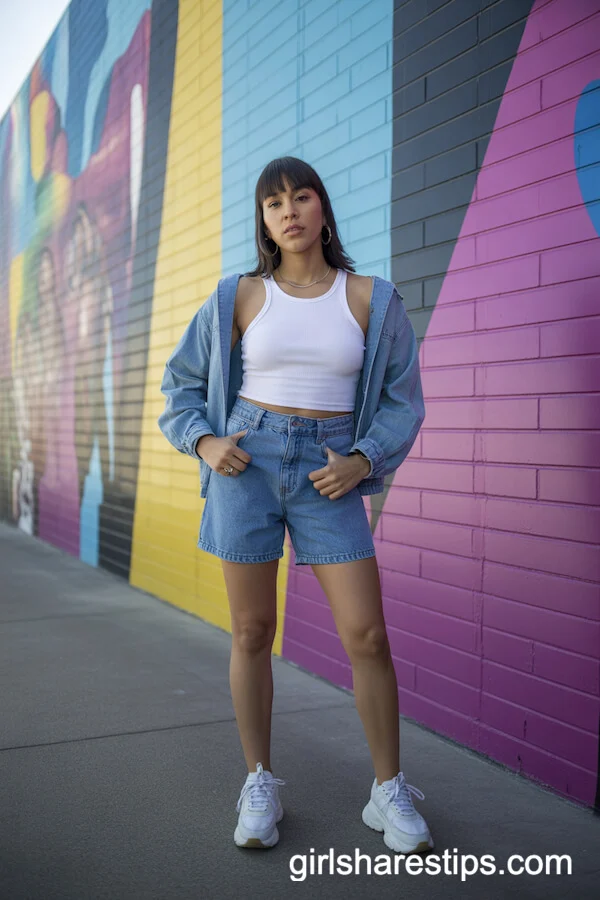 Double Denim Trend: Matching Jean Shorts and Jacket With White Tank
