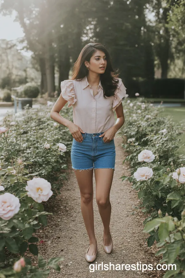 Soft Feminine Style: Blue Jean Shorts and Ruffled Pink Blouse