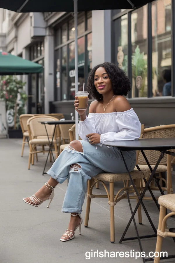 Off-Shoulder Top with Boyfriend Jeans and Strappy Heels