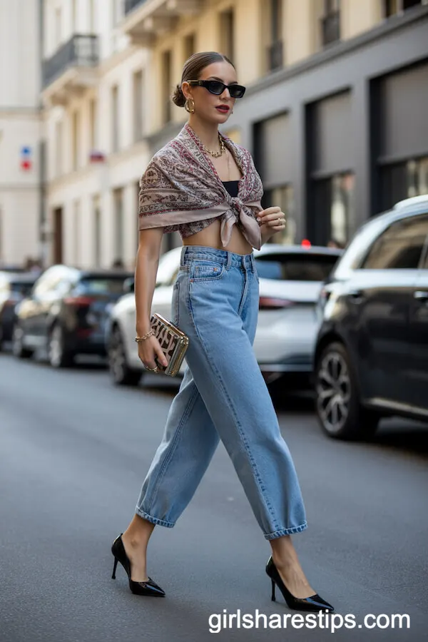 Patterned Scarf Top with Relaxed Jeans and Bold Accessories