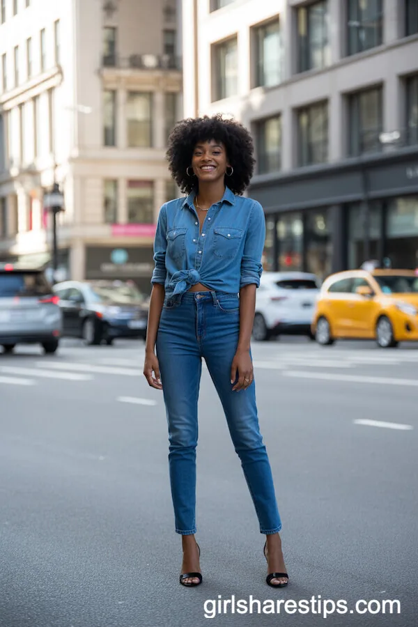 Denim-on-Denim Look with Tucked Shirt and Skinny Jeans