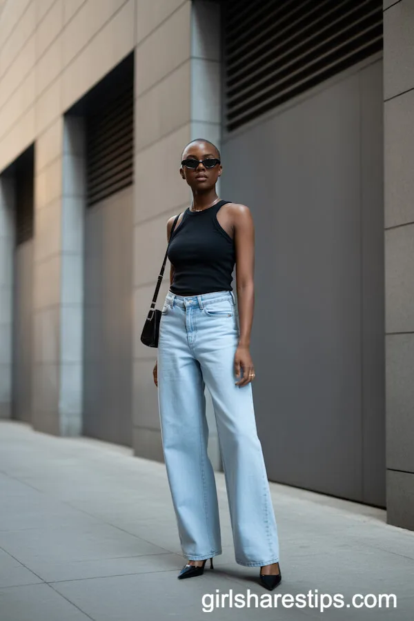 Black Sleeveless Tank Paired with Light Wide-Leg Jeans and Sunglasses