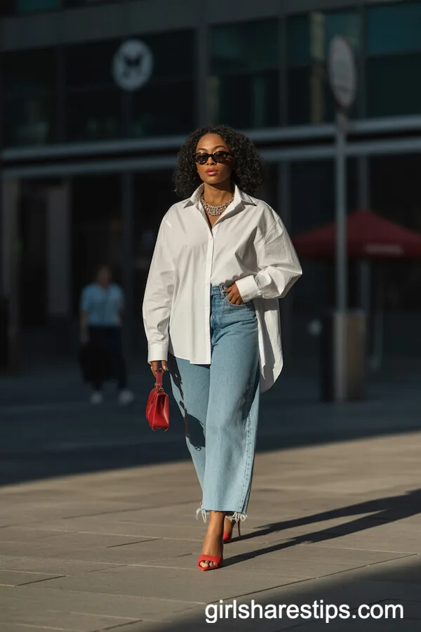 Oversized White Button-Up with Raw Hem Jeans and Statement Bag