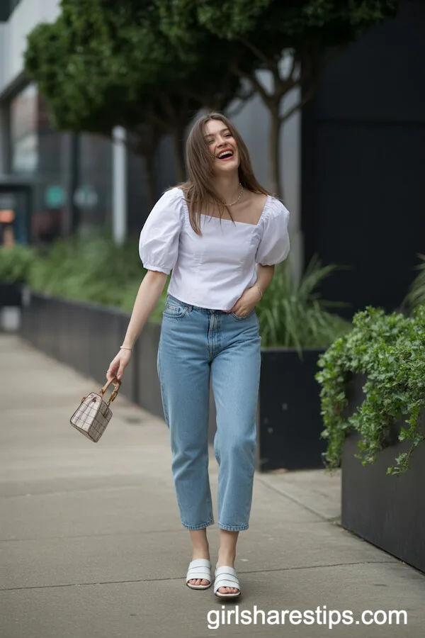 White Puff-Sleeve Blouse with Ankle-Length Straight Jeans