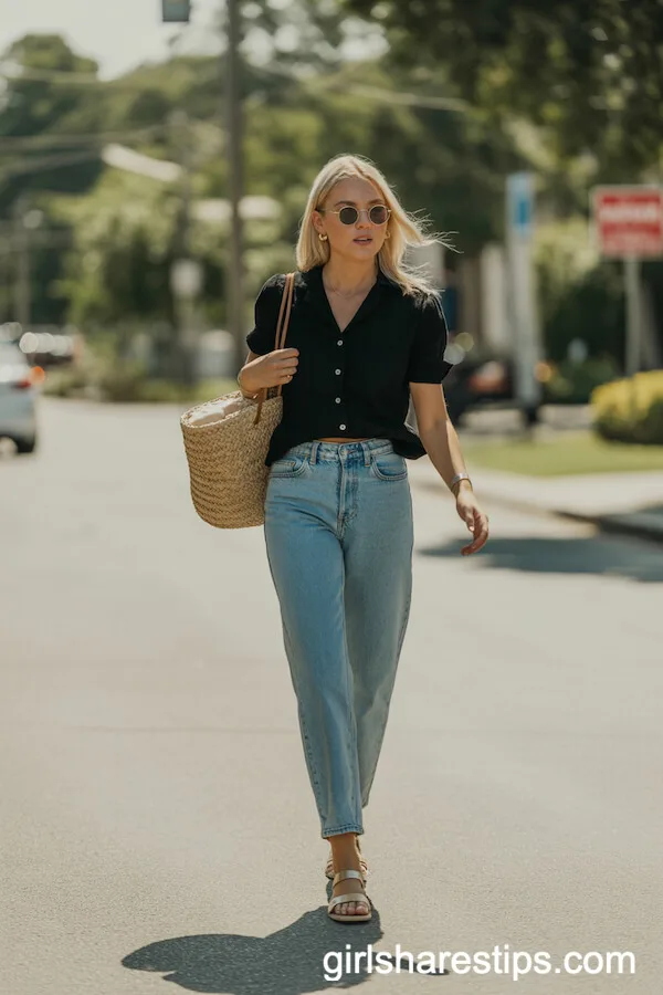 Black Button-Up Blouse and Light Blue Jeans with Straw Bag
