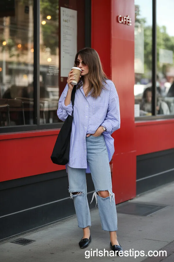 Oversized Striped Shirt and Distressed Jeans for Casual Caf&eacute; Outing