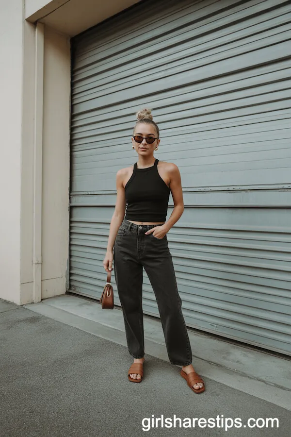 Black Halter-Neck Tank with Faded Black Jeans and Minimal Accessories