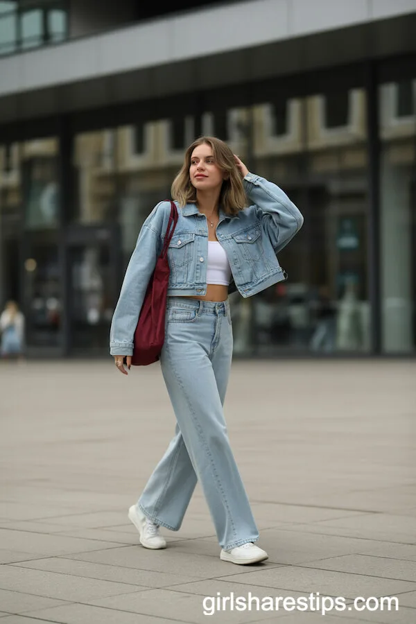 Cropped Denim Jacket with High-Waisted Wide-Leg Jeans and Sneakers