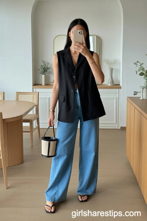 Sleeveless Tailored Black Top with Wide-Leg Jeans: Minimalist Mirror Outfit