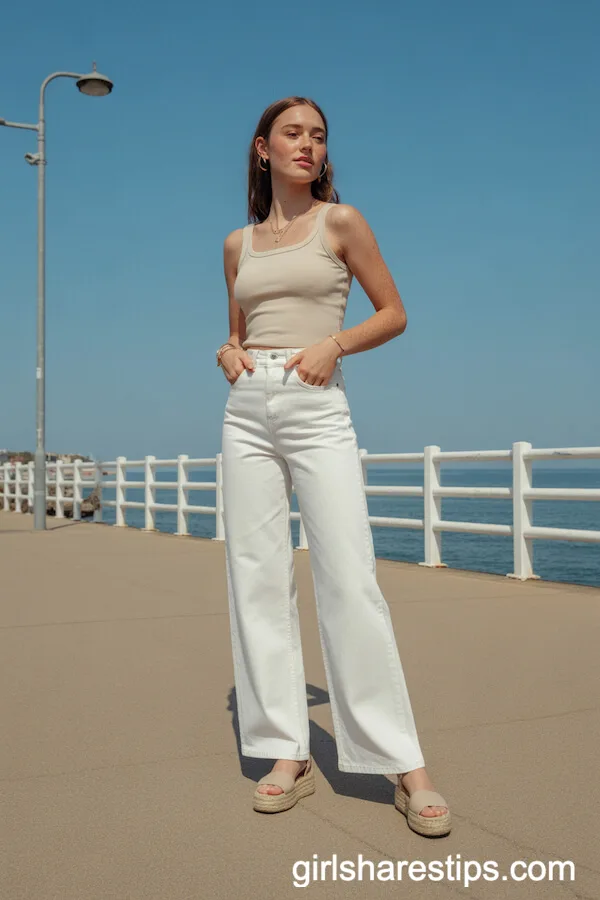 Slim-Fit Tank and High-Rise White Wide-Leg Jeans for a Beachy Vibe